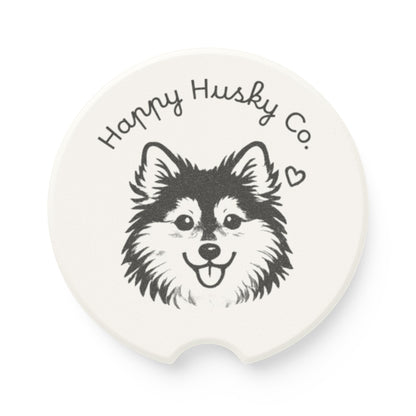 Happy Husky Co. Soapstone Car Coaster — Cute Fluffy Dog Face Car Drink Holder Insert (Single or Two-Piece Set)