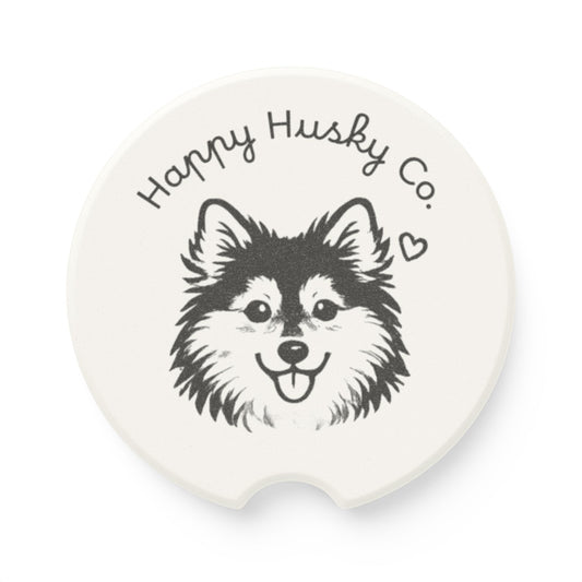 Happy Husky Co. Soapstone Car Coaster — Cute Fluffy Dog Face Car Drink Holder Insert (Single or Two-Piece Set)