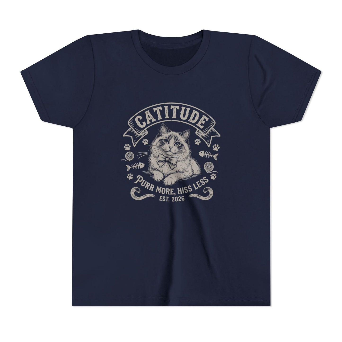 Catitude Youth T‑Shirt - "Purr More, Hiss Less" Cute Cat Graphic Tee for Kids
