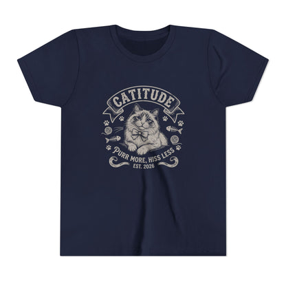 Catitude Youth T‑Shirt - "Purr More, Hiss Less" Cute Cat Graphic Tee for Kids