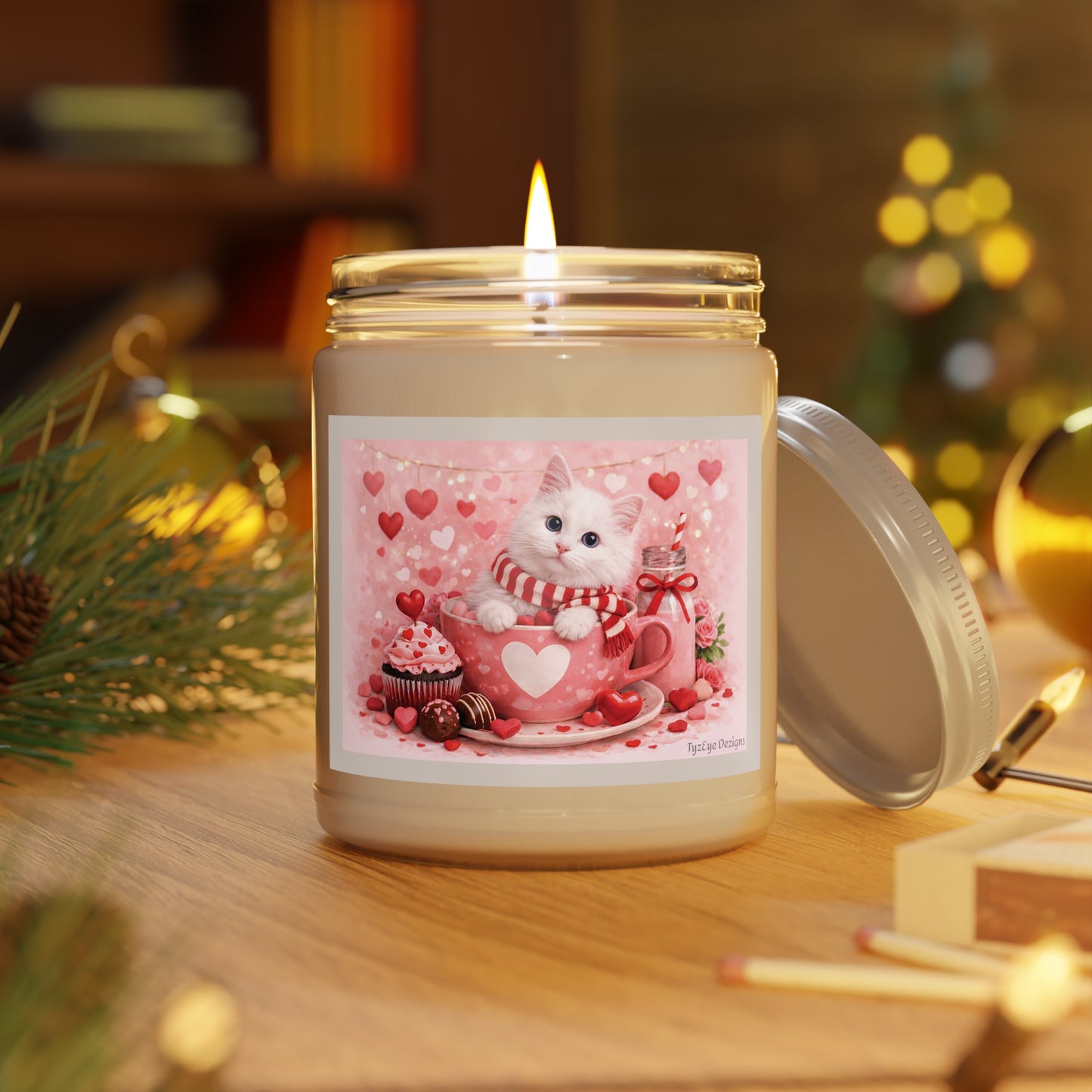 Valentine White Pussycat Soy Candle Clear Jar, Romantic Theme with Cute Cat & Hearts, 9 oz (7.5 net oz, Assorted Scents)