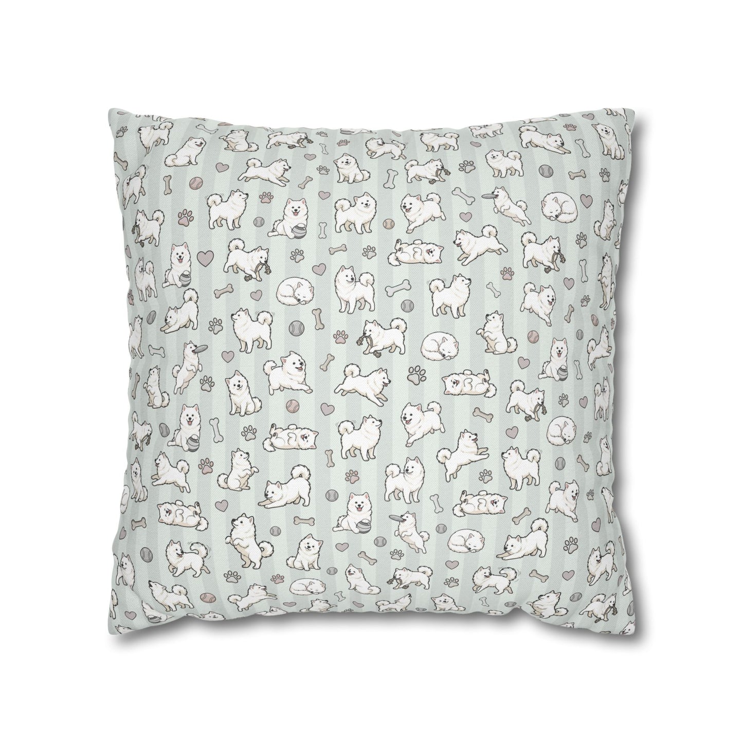 Double Sided Sage Green Samoyed Puppy With Bones, Hearts, and Paw Prints Design Pillowcase — Soft Striped Decorative Square Throw Pillow (Additional Sizes)
