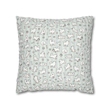 Double Sided Sage Green Samoyed Puppy With Bones, Hearts, and Paw Prints Design Pillowcase — Soft Striped Decorative Square Throw Pillow (Additional Sizes)