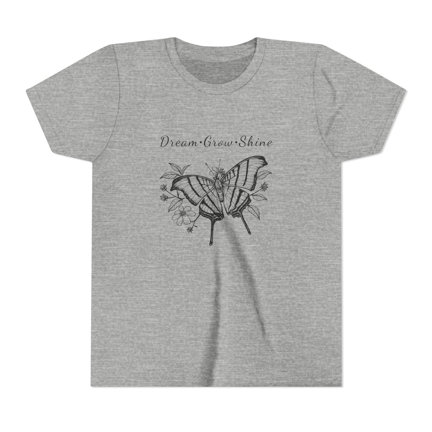 Youth Unisex Butterfly & Flowers Design Short Sleeve Tee - 'Dream, Grow, Shine' Motivational Graphic (Additional Colors)