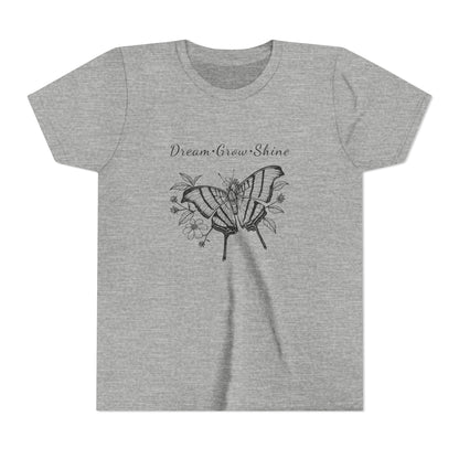 Youth Unisex Butterfly & Flowers Design Short Sleeve Tee - 'Dream, Grow, Shine' Motivational Graphic (Additional Colors)