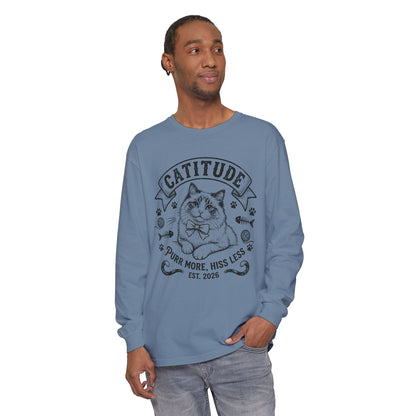 Unisex Catitude Design Long Sleeve Tee — 'Purr More, Hiss Less' Cat Lover Shirt (Additional Colors)