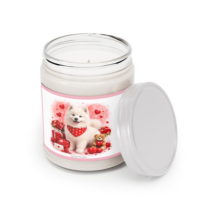Valentine Samoyed Pup Soy Candle Clear Jar, Romantic Theme with Cute Dog & Hearts, 9 oz (7.5 oz net wax, Assorted Scents)