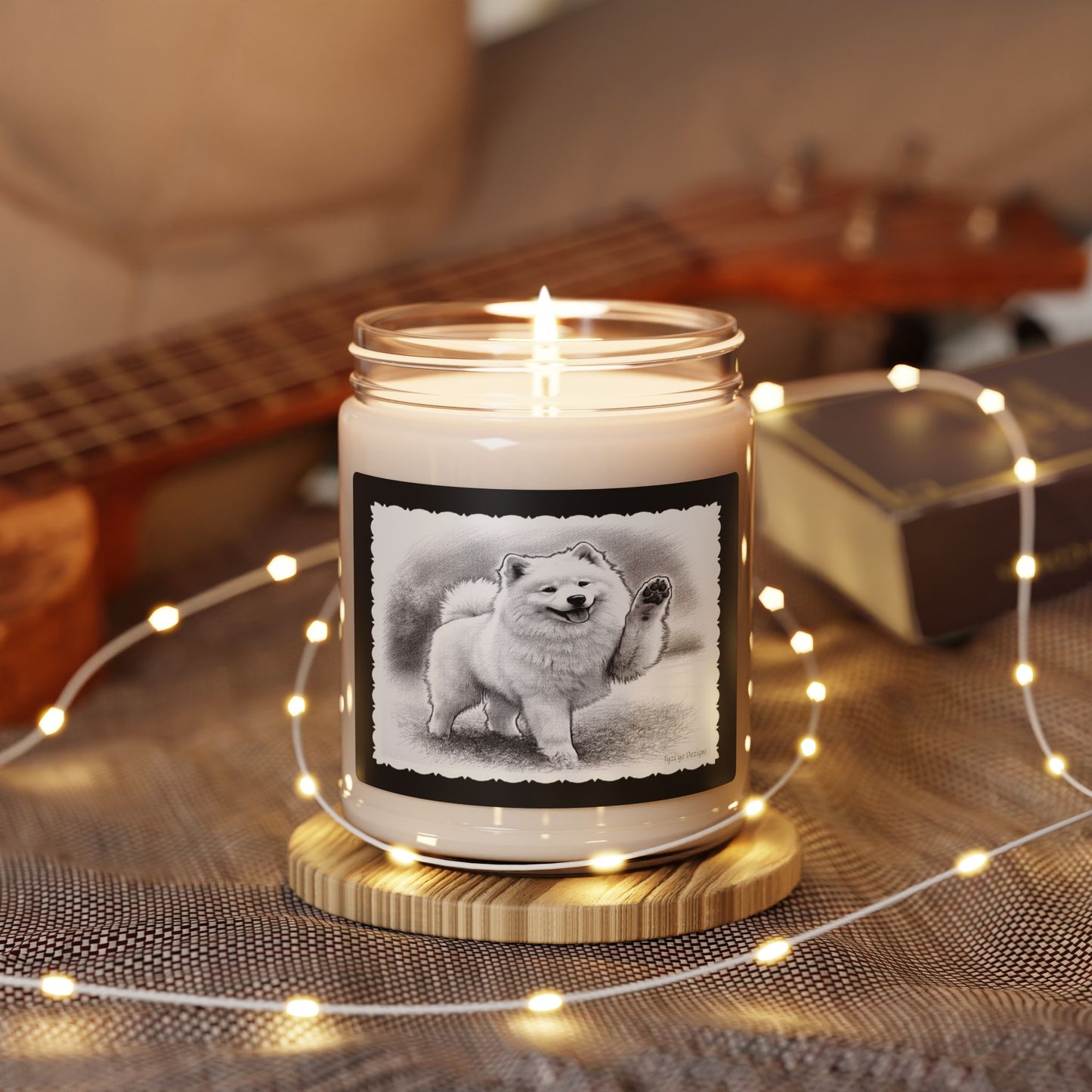 Fluffy Playful Samoyed Sketch Soy Candle — 9oz Scented Jar (Assorted Scents)