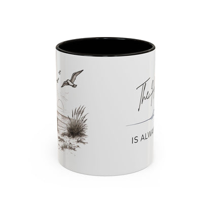 Sailboat, Beach & Horizon Nautical Design Coffee Mug — "The Horizon Is Always There" Coastal Ceramic Black Accent Mug (11oz, 15oz)