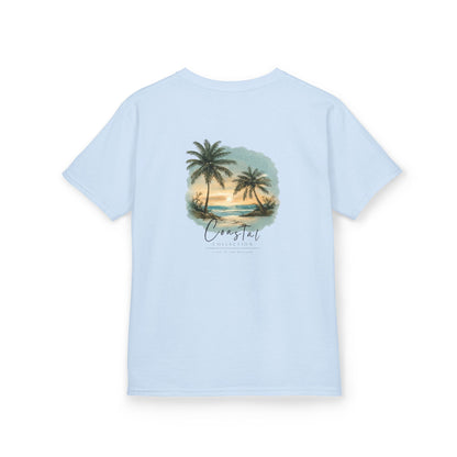 Kids Sunset Beach Scene II Back Design T-Shirt — Tropical Palm Tree 'Lost In the Horizon' Graphic w/ Logo Front (Additional Color)