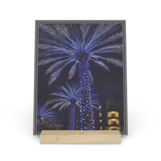 Blue Palm Trees Photo Gallery Board with Wooden Stand — Mini Nature Tropical Night Lights Desk Art (Additional Sizes)