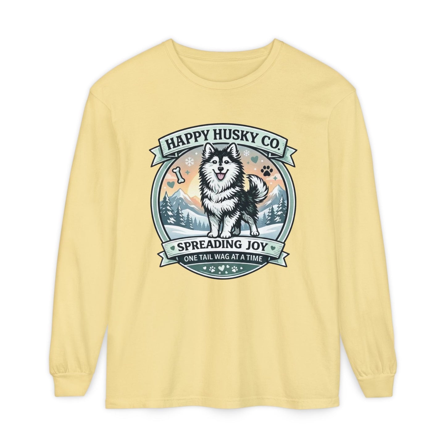 Unisex Colorful Happy Husky Co. Long Sleeve T-Shirt — 'Spreading Joy One Tail Wag At A Time' Graphic (Additional Colors)