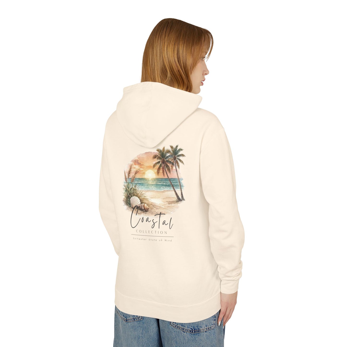 Unisex Adult Beach Sunset Back Design Hoodie — Tropical Palm Tree 'Saltwater State of Mind' w/ Logo Graphic Lightweight Sweatshirt (Additional Color)