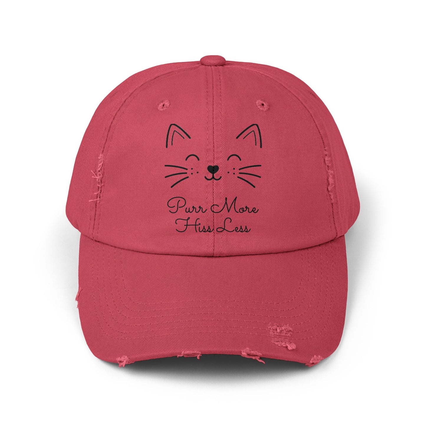 Unisex Cat Face Design Distressed Cap - 'Purr More, Hiss Less' Hat (Additional Colors)