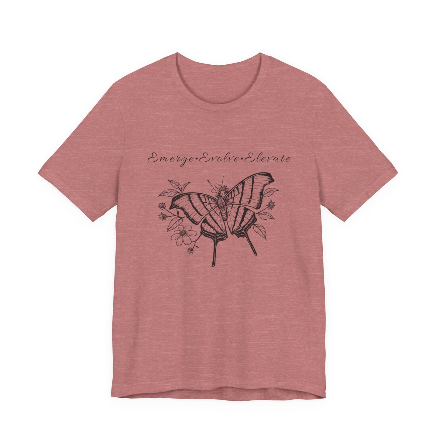 Unisex Adult Butterfly & Flowers Design Short Sleeve Tee - 'Emerge Evolve Elevate' (Additional Colors)