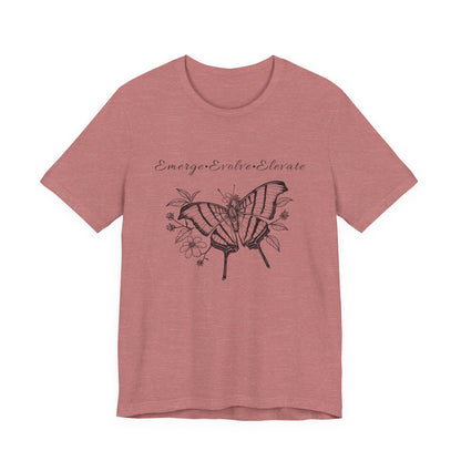 Unisex Adult Butterfly & Flowers Design Short Sleeve Tee - 'Emerge Evolve Elevate' (Additional Colors)