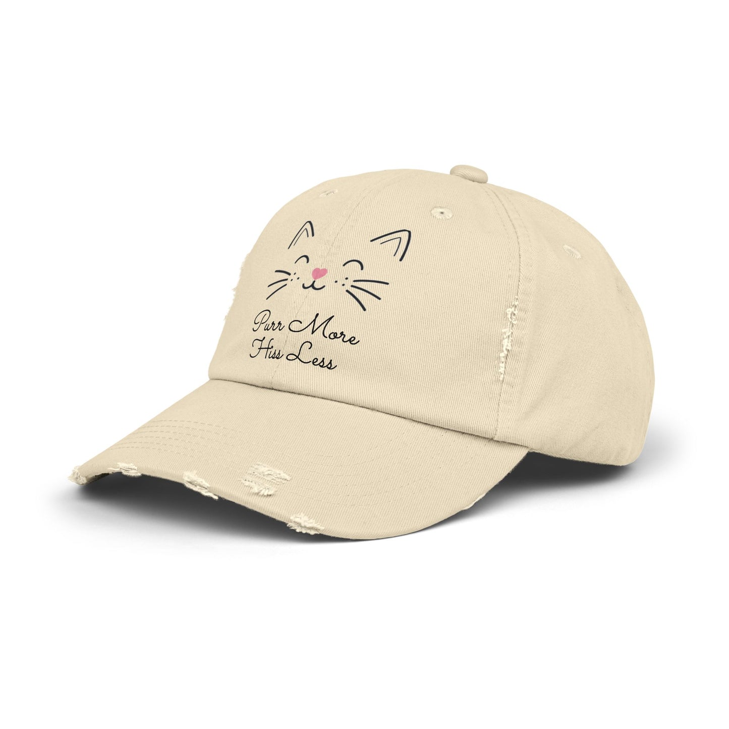 Unisex Cat Face Design Distressed Cap - 'Purr More, Hiss Less' Hat (Additional Colors)