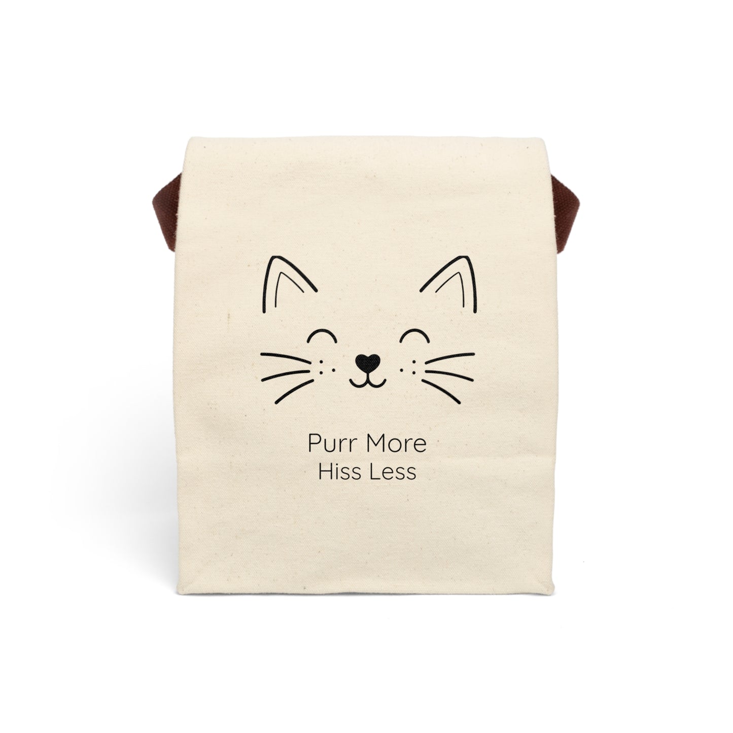 Cat Face Line Art Canvas Tote, 'Purr More Hiss Less' - Lunch Bag with Strap — Reusable Eco Tote