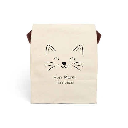 Cat Face Line Art Canvas Tote, 'Purr More Hiss Less' - Lunch Bag with Strap — Reusable Eco Tote