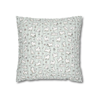 Double Sided Sage Green Samoyed Puppy With Bones, Hearts, and Paw Prints Design Pillowcase — Soft Striped Decorative Square Throw Pillow (Additional Sizes)