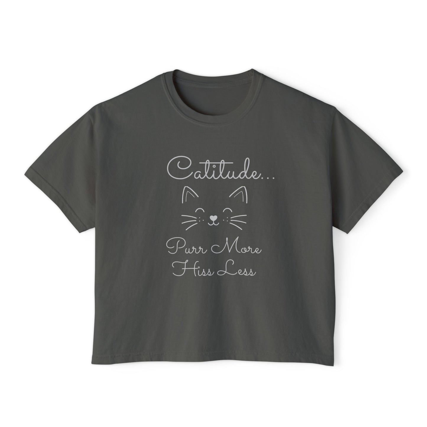 Catitude Boxy Tee — “Purr More, Hiss Less” Cute Cat Graphic T-Shirt (Additional Colors)