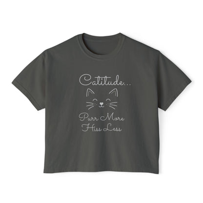 Catitude Boxy Tee — “Purr More, Hiss Less” Cute Cat Graphic T-Shirt (Additional Colors)