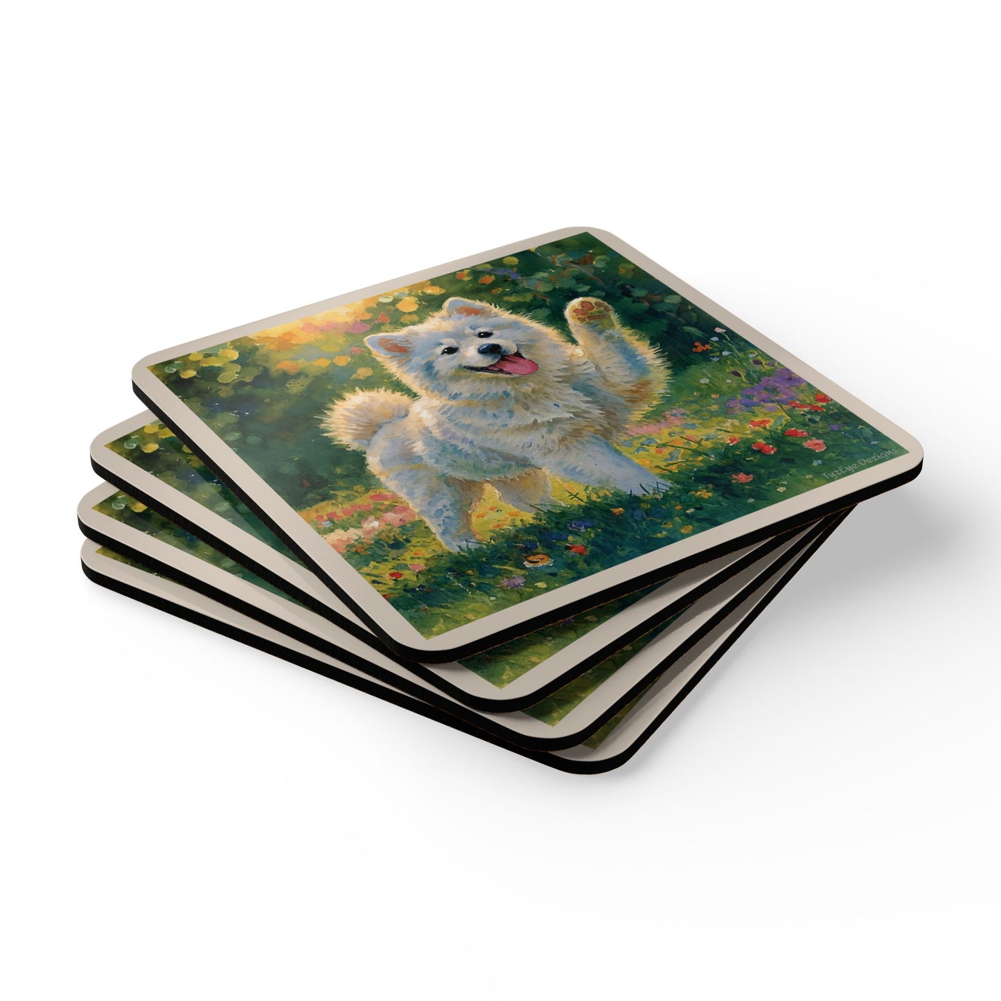 Samoyed Dog Design Coaster 4-Piece Set — Cute Paw-Waving Puppy Cork Coasters, Floral Sunny Garden Décor Gift