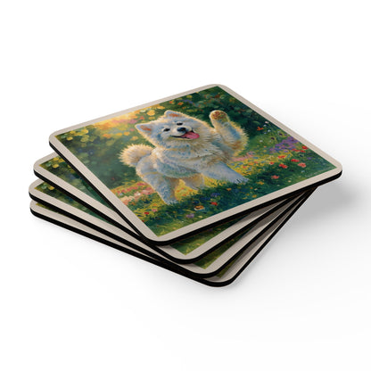 Samoyed Dog Design Coaster 4-Piece Set — Cute Paw-Waving Puppy Cork Coasters, Floral Sunny Garden Décor Gift