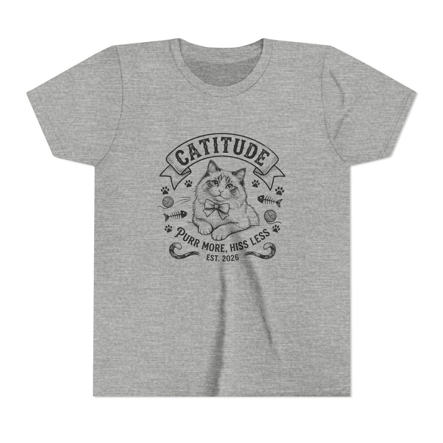 Catitude Youth T‑Shirt - "Purr More, Hiss Less" Cute Cat Graphic Tee for Kids