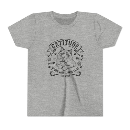 Catitude Youth T‑Shirt - "Purr More, Hiss Less" Cute Cat Graphic Tee for Kids