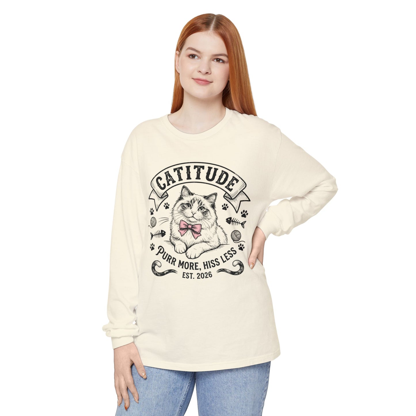 Unisex Catitude Design Long Sleeve Tee — 'Purr More, Hiss Less' Cat Lover Shirt (Additional Colors)