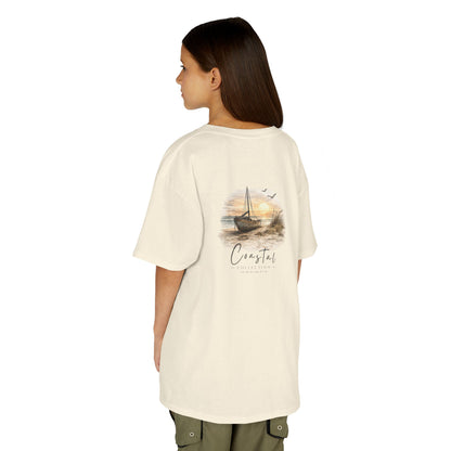 Kids Coastal Sunset Sailboat Back Design T-Shirt — Nautical Coastal Graphic Tee w/ Logo (Additional Color)