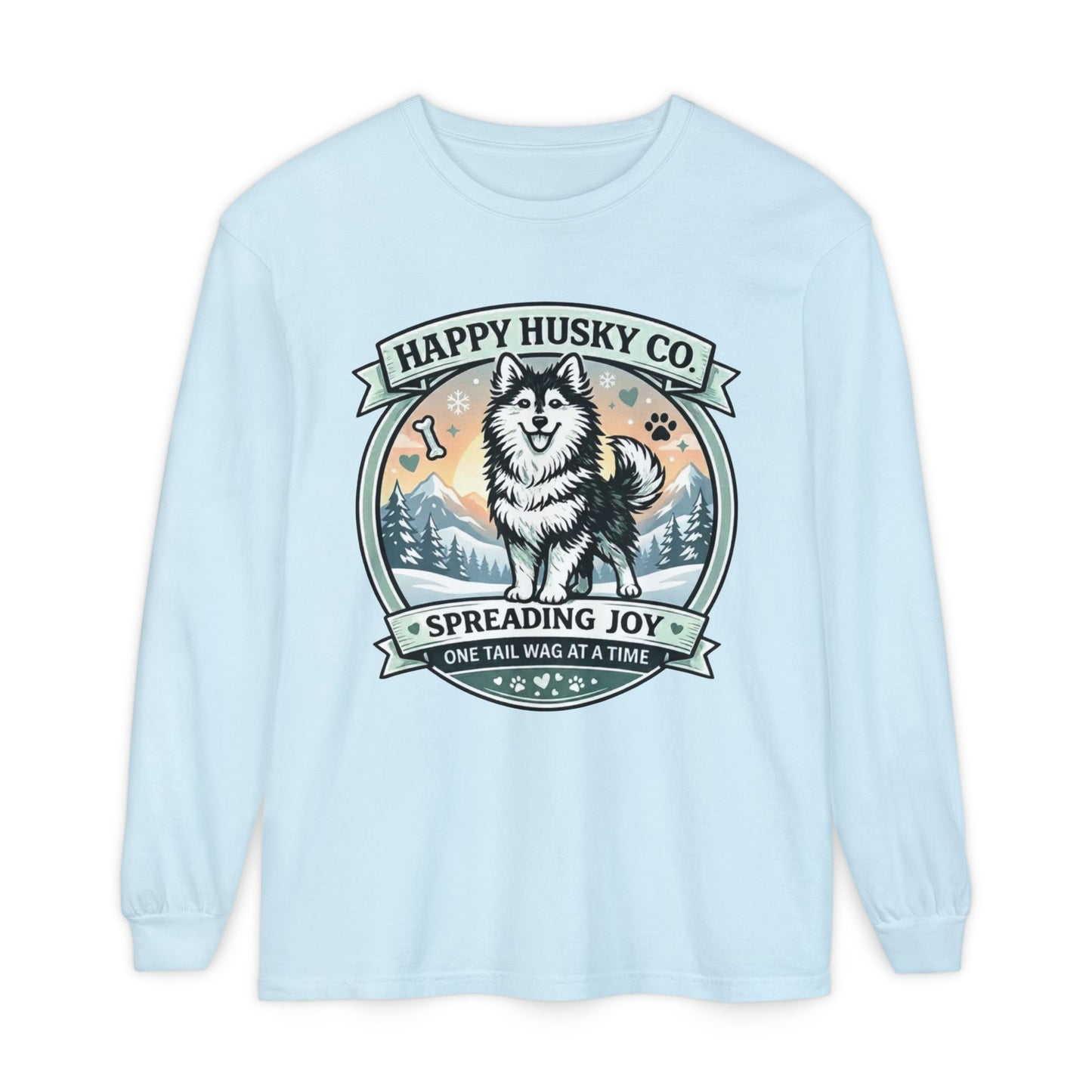 Unisex Colorful Happy Husky Co. Long Sleeve T-Shirt — 'Spreading Joy One Tail Wag At A Time' Graphic (Additional Colors)