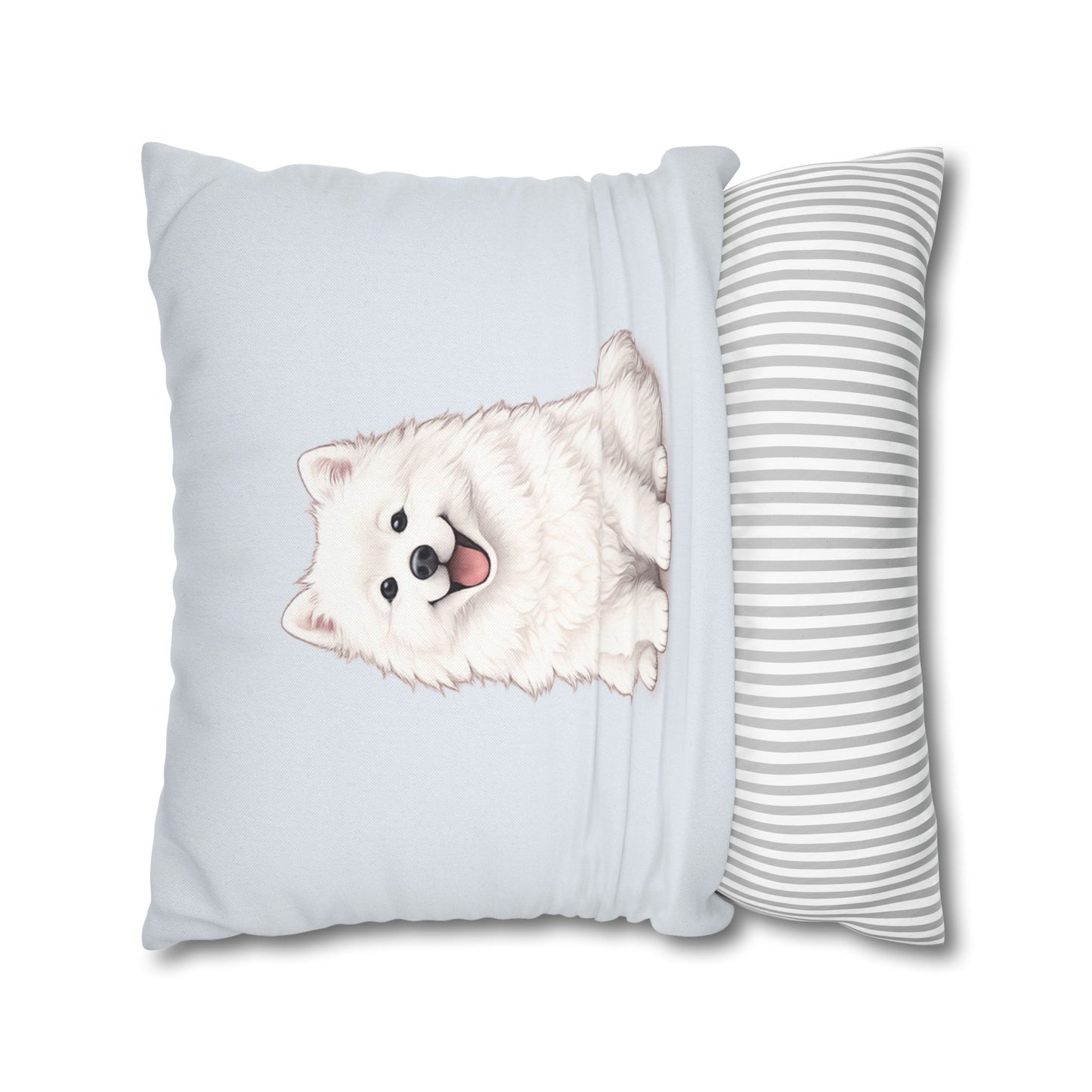 Double Sided Blue Design Samoyed Puppy With Bones, Hearts, and Paw Prints Pillowcase — Soft Striped Decorative Square Throw Pillow (Additional Sizes)