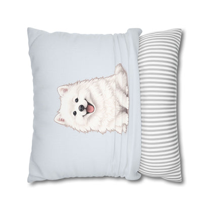 Double Sided Blue Design Samoyed Puppy With Bones, Hearts, and Paw Prints Pillowcase — Soft Striped Decorative Square Throw Pillow (Additional Sizes)