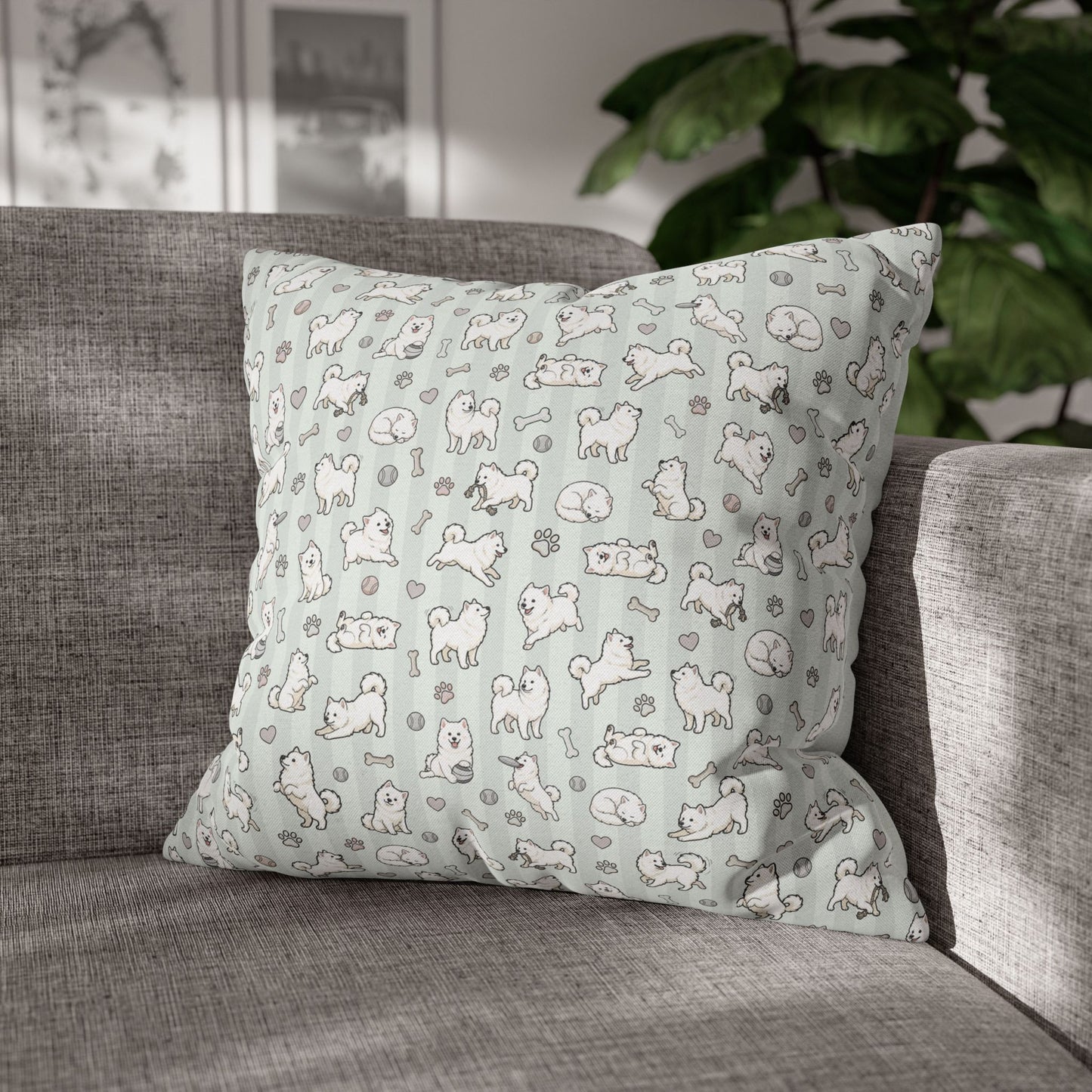 Double Sided Sage Green Samoyed Puppy With Bones, Hearts, and Paw Prints Design Pillowcase — Soft Striped Decorative Square Throw Pillow (Additional Sizes)