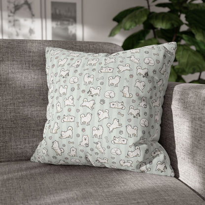 Double Sided Sage Green Samoyed Puppy With Bones, Hearts, and Paw Prints Design Pillowcase — Soft Striped Decorative Square Throw Pillow (Additional Sizes)