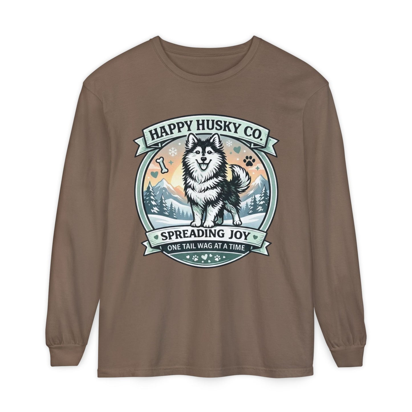 Unisex Colorful Happy Husky Co. Long Sleeve T-Shirt — 'Spreading Joy One Tail Wag At A Time' Graphic (Additional Colors)