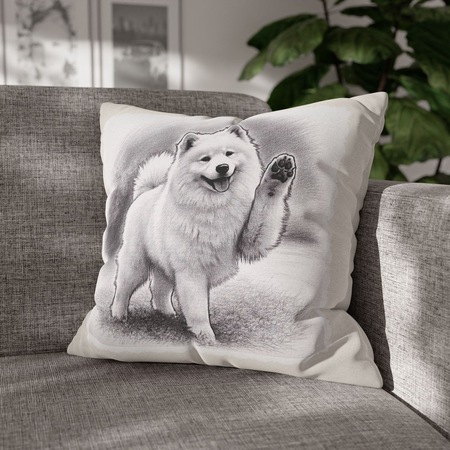 Samoyed Dog Throw Pillowcase – Cute Paw Waving Puppy Decorative Cushion Cover (Additional Sizes)