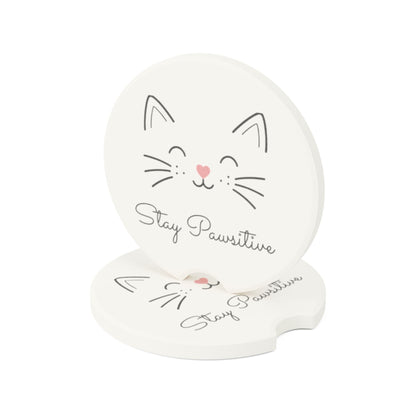 Catitude Collection Cat Face Soapstone Car Coaster — 'Stay Pawsitive' Car Cup Holder Coaster (Single or 2-Piece Set)