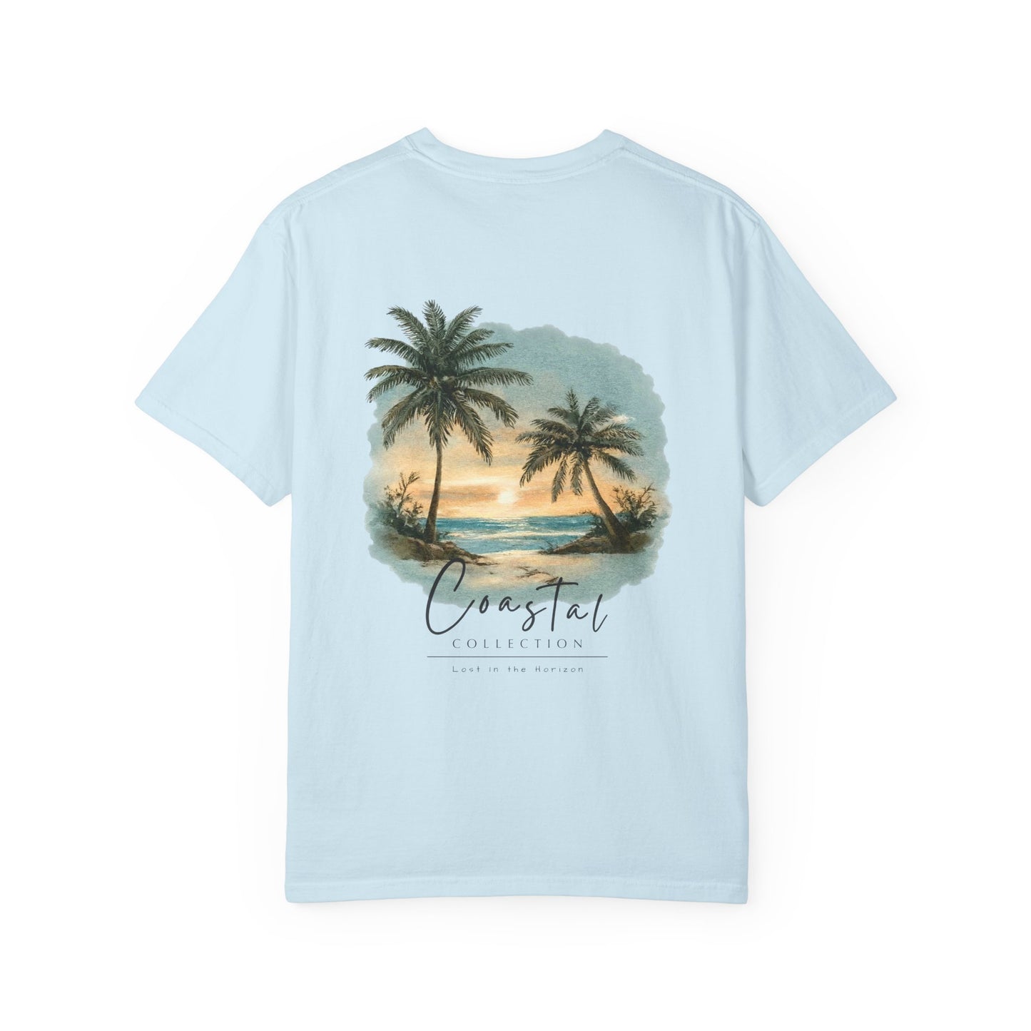 Unisex Adult Sunset Beach Scene II Back Design T-Shirt — Tropical Palm Tree 'Lost In the Horizon' Graphic w/ Logo Front (Additional Color)