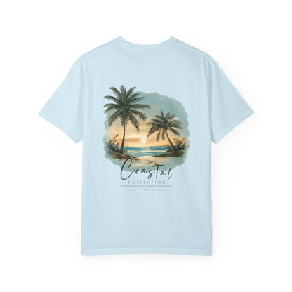 Unisex Adult Sunset Beach Scene II Back Design T-Shirt — Tropical Palm Tree 'Lost In the Horizon' Graphic w/ Logo Front (Additional Color)