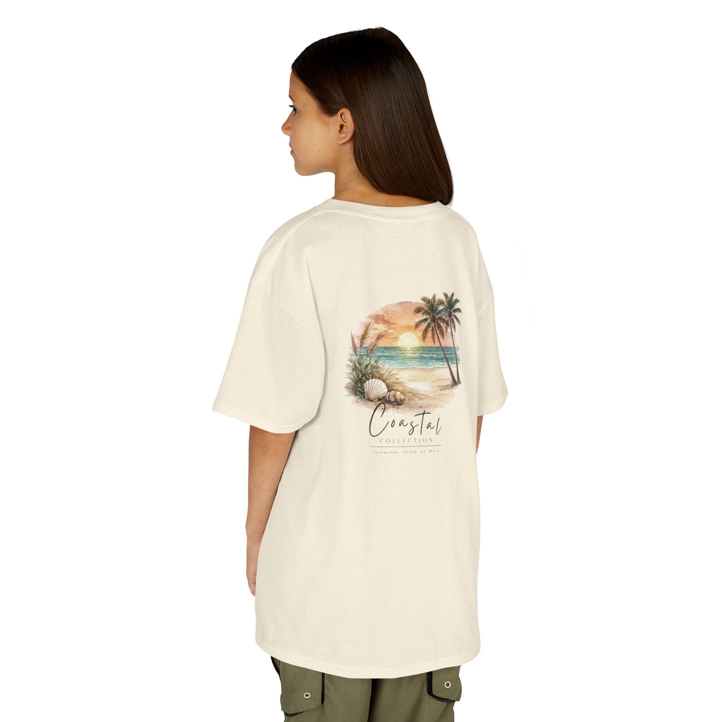 Kids Sunset Beach Scene Back Design T-Shirt — Tropical Palm Tree 'Saltwater State of Mind' Graphic w/ Logo Front (Additional Color)