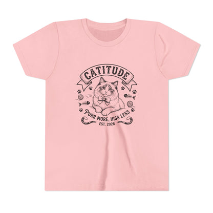 Catitude Youth T‑Shirt - "Purr More, Hiss Less" Cute Cat Graphic Tee for Kids