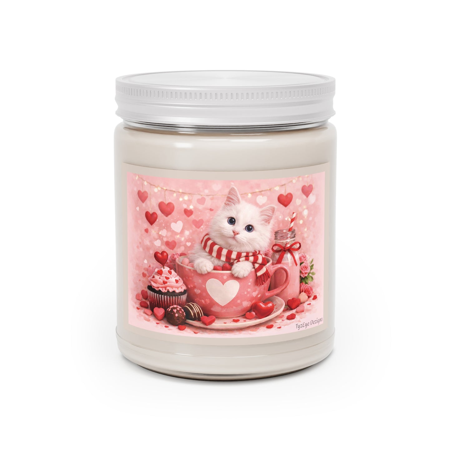 Valentine White Pussycat Soy Candle Clear Jar, Romantic Theme with Cute Cat & Hearts, 9 oz (7.5 net oz, Assorted Scents)