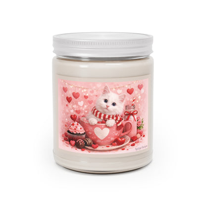 Valentine White Pussycat Soy Candle Clear Jar, Romantic Theme with Cute Cat & Hearts, 9 oz (7.5 net oz, Assorted Scents)