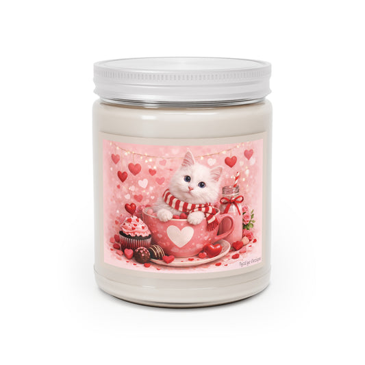 Valentine White Pussycat Soy Candle Clear Jar, Romantic Theme with Cute Cat & Hearts, 9 oz (7.5 net oz, Assorted Scents)