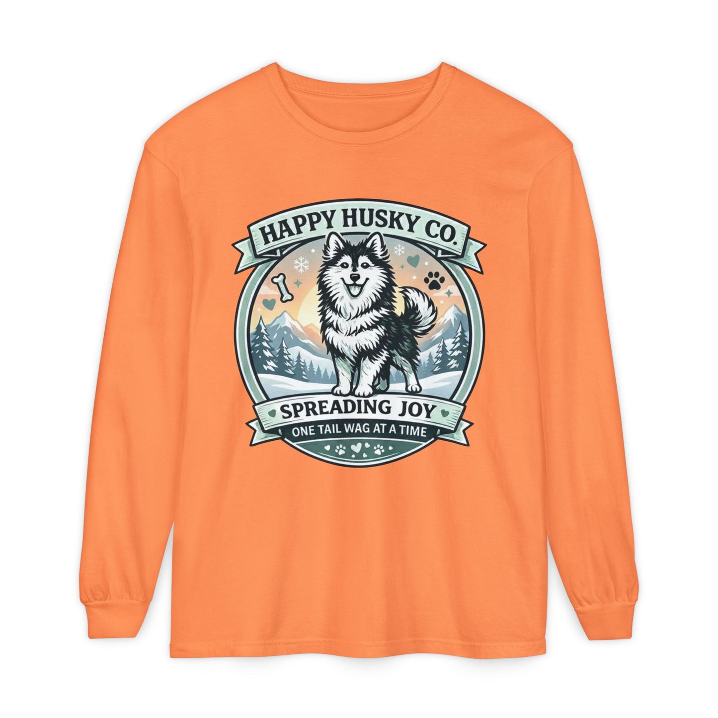 Unisex Colorful Happy Husky Co. Long Sleeve T-Shirt — 'Spreading Joy One Tail Wag At A Time' Graphic (Additional Colors)