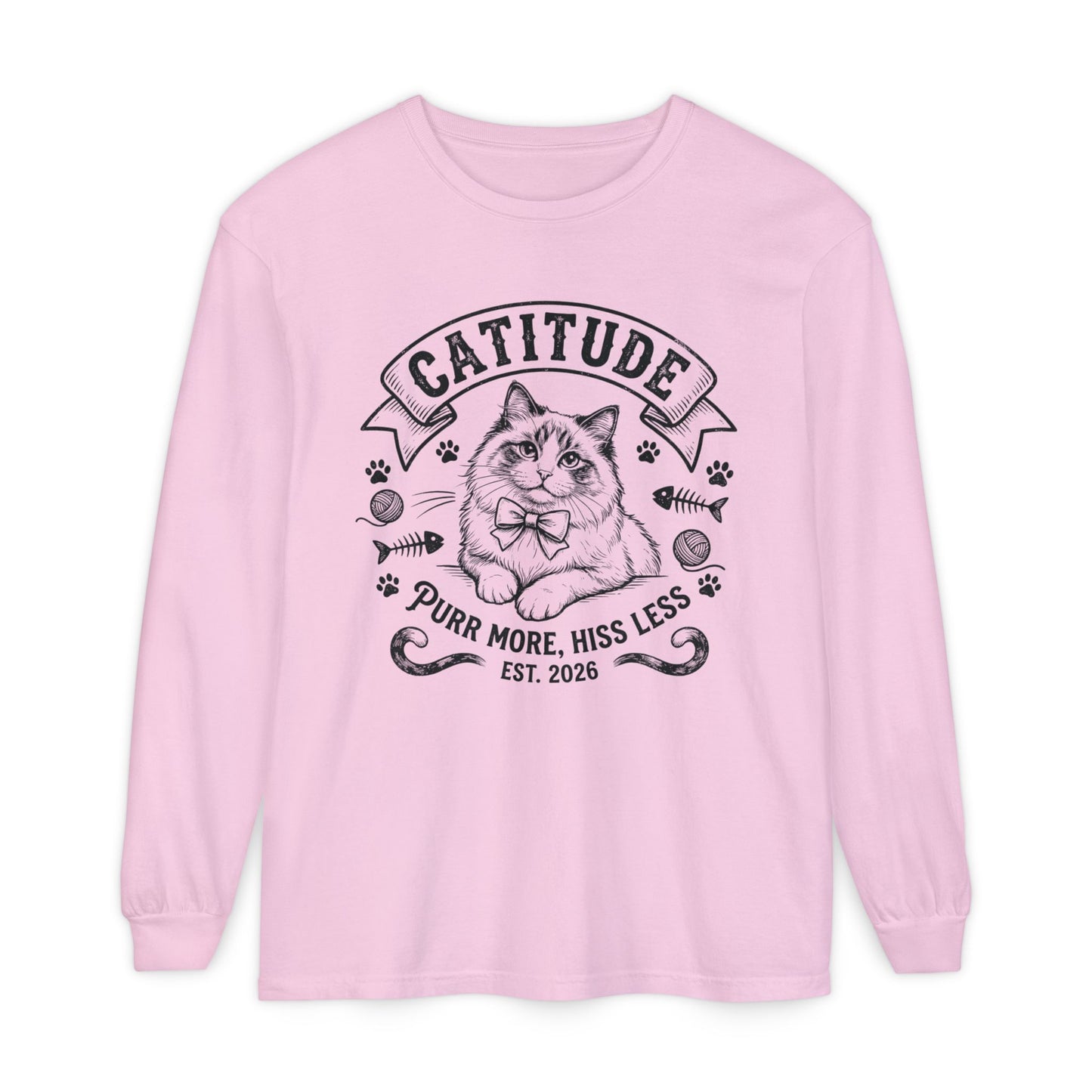 Unisex Catitude Design Long Sleeve Tee — 'Purr More, Hiss Less' Cat Lover Shirt (Additional Colors)
