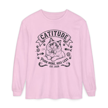 Unisex Catitude Design Long Sleeve Tee — 'Purr More, Hiss Less' Cat Lover Shirt (Additional Colors)